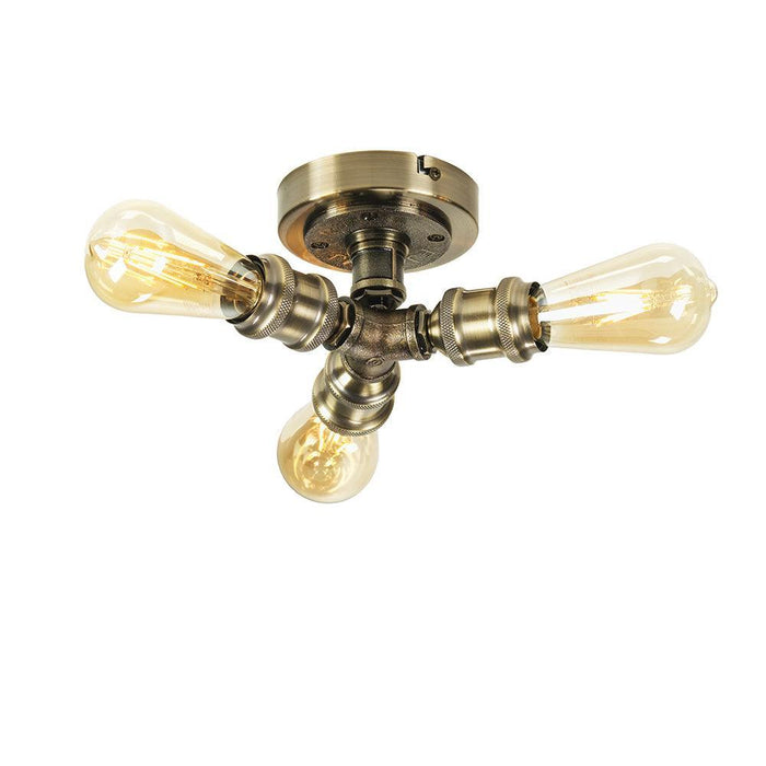 Oaks Iron 3 Light Antique Brass Flush living room Ceiling Light close up