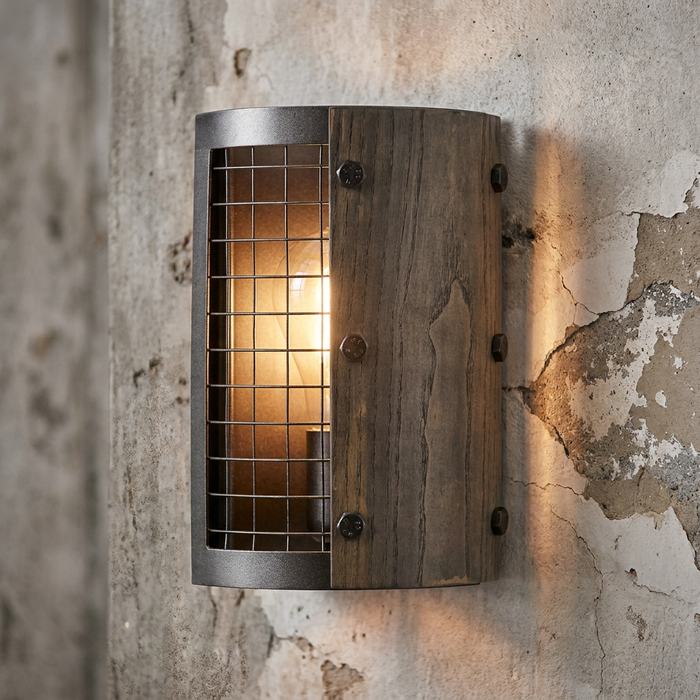 Oaks Lighting Harkin wall light with metal mesh and wood paneling on a textured concrete wall.