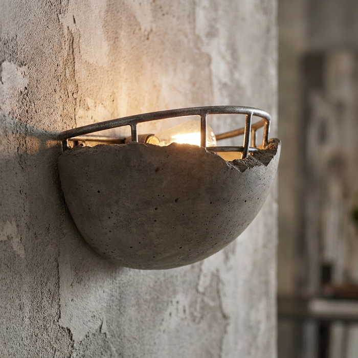 An Oaks Lighting Kellen industrial concrete wall sconce with a rustic metal cage and exposed bulb on a textured wall.