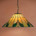 Tiffany-style pendant light with an amber stained glass shade featuring green leaf motifs and a chain suspension.
