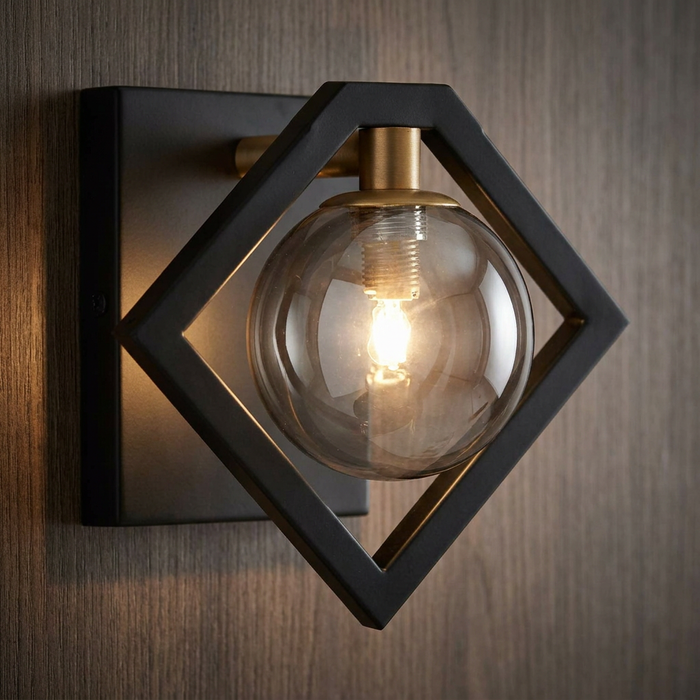 Modern wall light with black diamond frame, gold accents, and a glowing smoked glass globe on a wood-textured wall.
