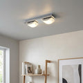 Modern two-light chrome ceiling fixture with curved frosted glass shades, illuminated in a living space.