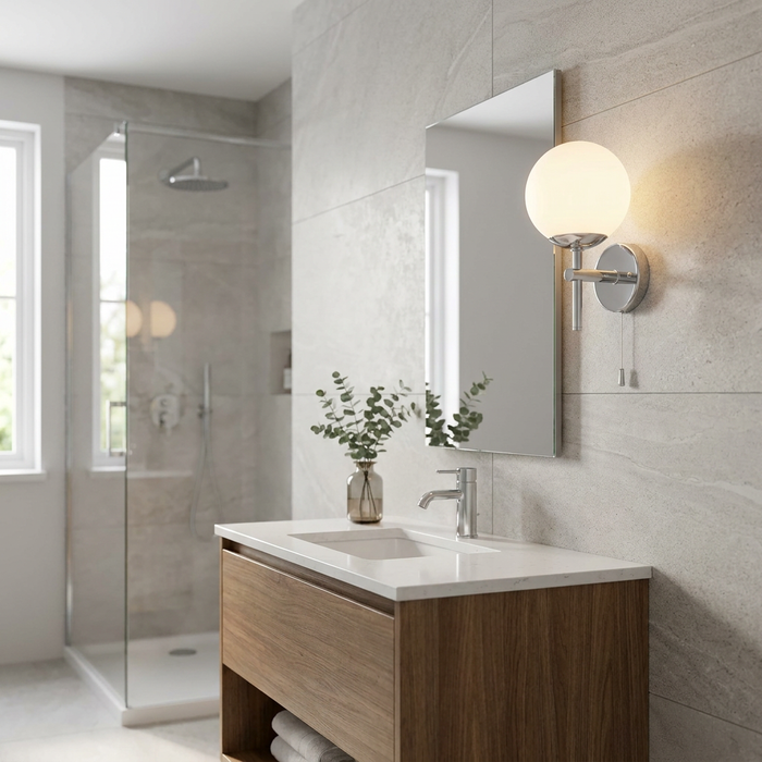 Oaks Mani chrome bathroom wall light with an opal glass globe mounted on a tiled wall next to a vanity mirror.