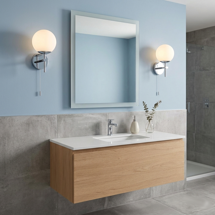Oaks Mani Chrome Finish Bathroom Wall Light — close-up detail