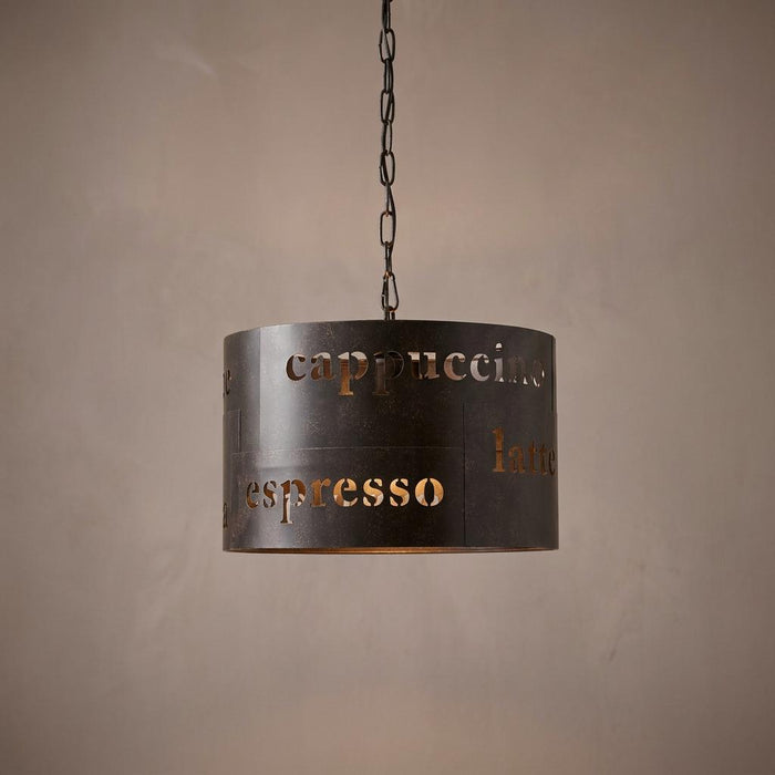 Black cylindrical pendant light with laser-cut coffee-related text like cappuccino and espresso.