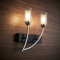 Two-light wall sconce with curved chrome arms and double glass shades mounted on a dark wood grain wall.