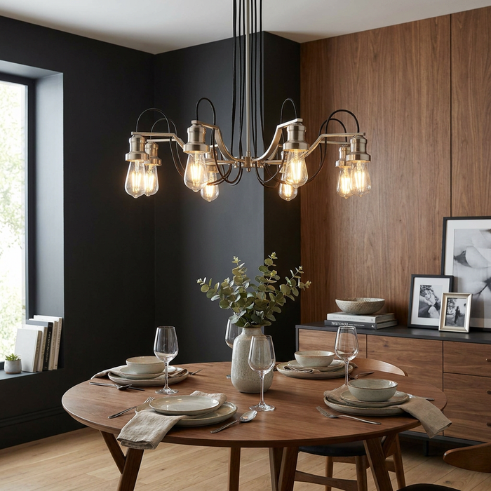 Silver 8-light pendant chandelier with black cables over a set wooden dining table in a modern dining room.