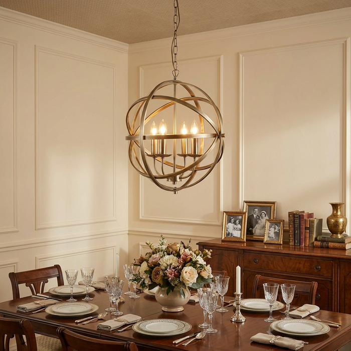 Brass orb chandelier with four candle lights hanging over a formal dining table with a floral centerpiece.