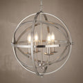 Silver pendant light featuring a four-light candelabra within a spherical metal cage frame.