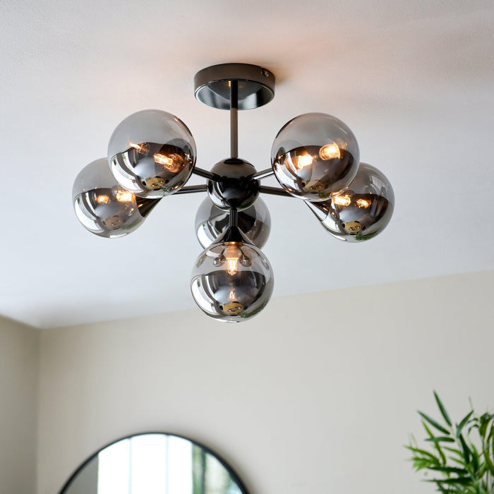 Oscar 6 Light Black living room Semi Flush - Smoked Glass Shades image 2