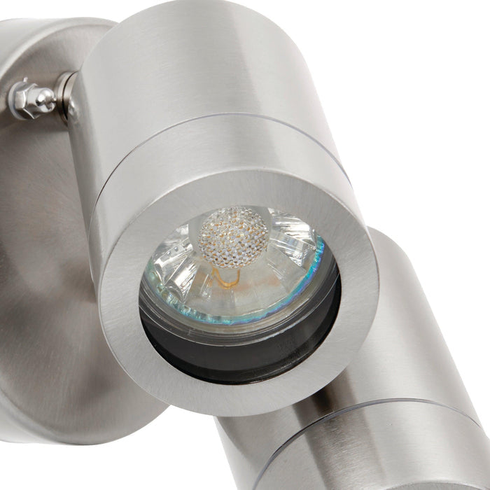 palin stainless steel twin outdoor spot wall light ip44 7w by saxby lighting, close up image 127