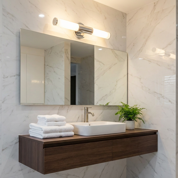 Eglo Palmera chrome and white glass wall light mounted above a mirror in a modern marble-tiled bathroom.