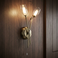 Two-light antique brass wall sconce with clear glass shades mounted on a dark wood-paneled wall.