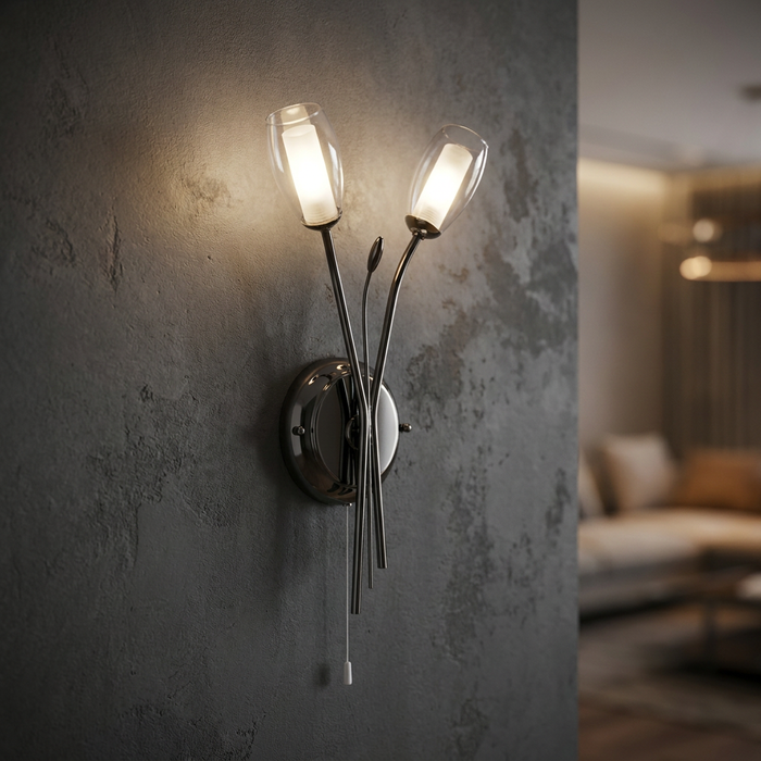Mirror black wall light with two tulip-shaped glass shades on a textured grey interior wall.