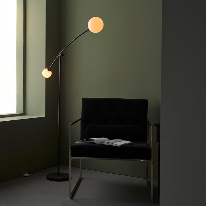 pinner black 2 light floor lamp with opal glass shades Close Up Lit Image