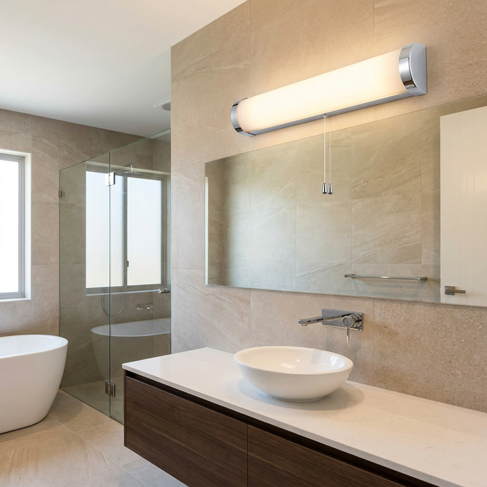 Chrome and frosted glass cylindrical bathroom wall light with pull switch mounted above a mirror in a modern bathroom.