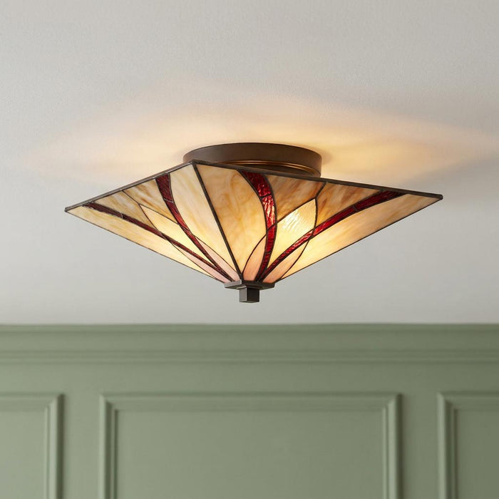 Square Tiffany-style flush mount ceiling light with cream and red stained glass panels on a white ceiling.