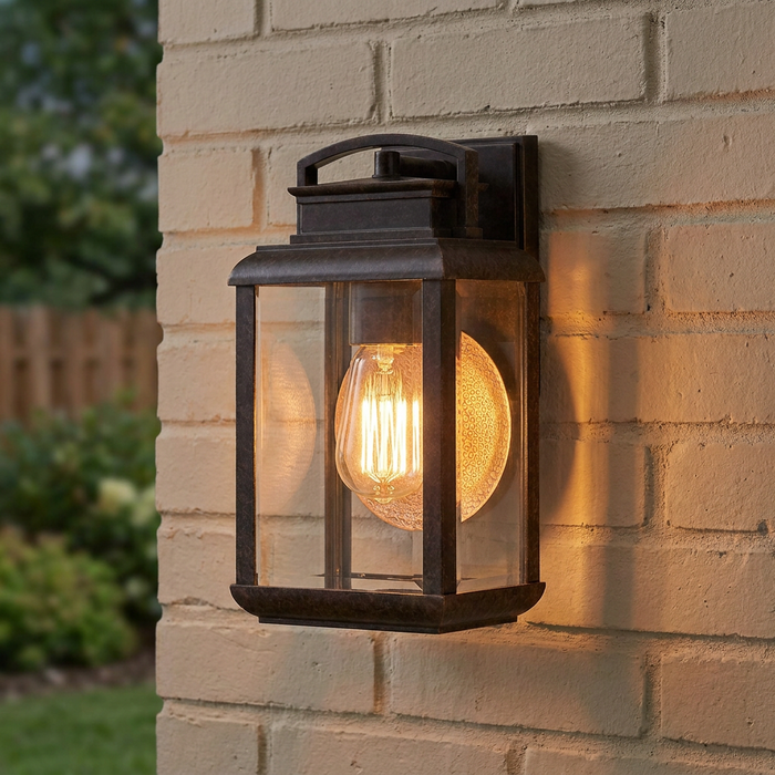 A bronze outdoor lantern with a glowing Edison bulb mounted on a light-colored brick wall.