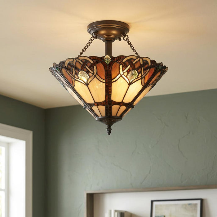 Quoizel Cambridge semi-flush ceiling light with an inverted Tiffany stained glass shade in amber and cream.