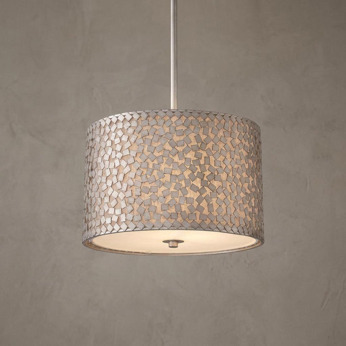 Quoizel Confetti medium pendant light with an old silver square-patterned drum shade and bottom diffuser.