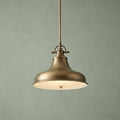 Weathered brass pendant light with a bell-shaped metal shade and diffuser against a green textured wall.