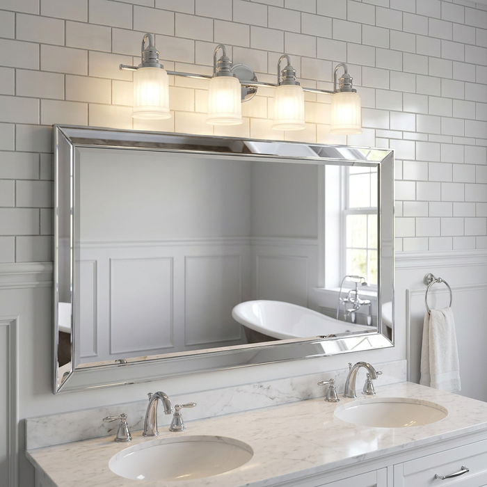 Quoizel Swell four light chrome bathroom wall light with frosted glass shades mounted above a large mirror.