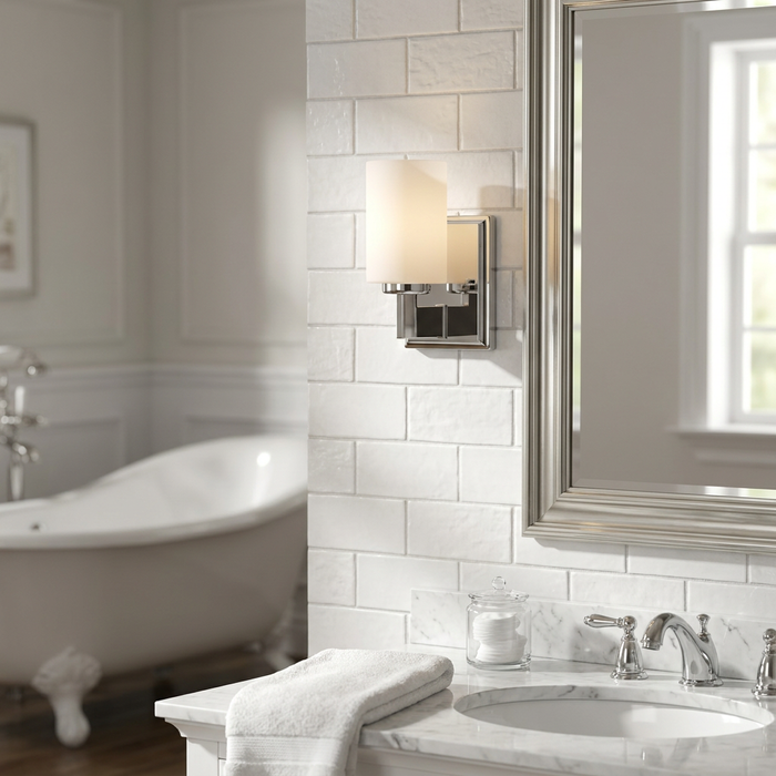 Polished chrome wall sconce with a frosted glass shade mounted on a white subway tile bathroom wall.