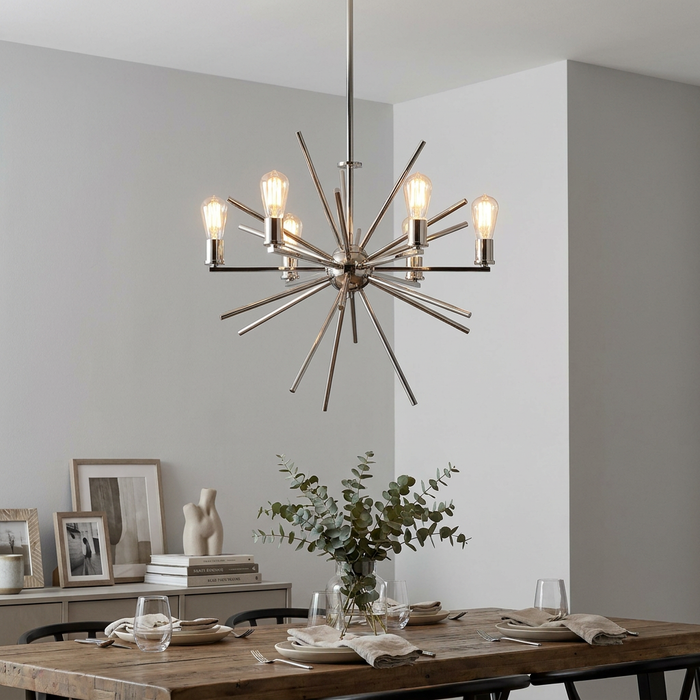 Quoizel Uptown Carnegie 6 light sputnik chandelier in imperial silver hanging over a rustic dining table.