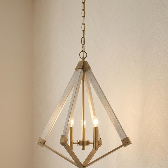 Rustic 3-light chandelier featuring a weathered brass frame and whitewashed wood diamond cage hanging against a beige wall.