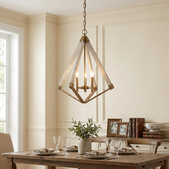 Weathered brass and wood diamond-shaped 3-light chandelier hanging over a rustic dining room table.