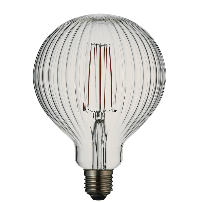 ribb e27 clear glass ribbed 4w led light bulb 125mm Close Up Lit Image