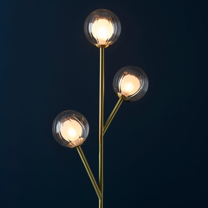 riviera brass art deco 3 light floor lamp clear ribbed glass Close Up Lit Image