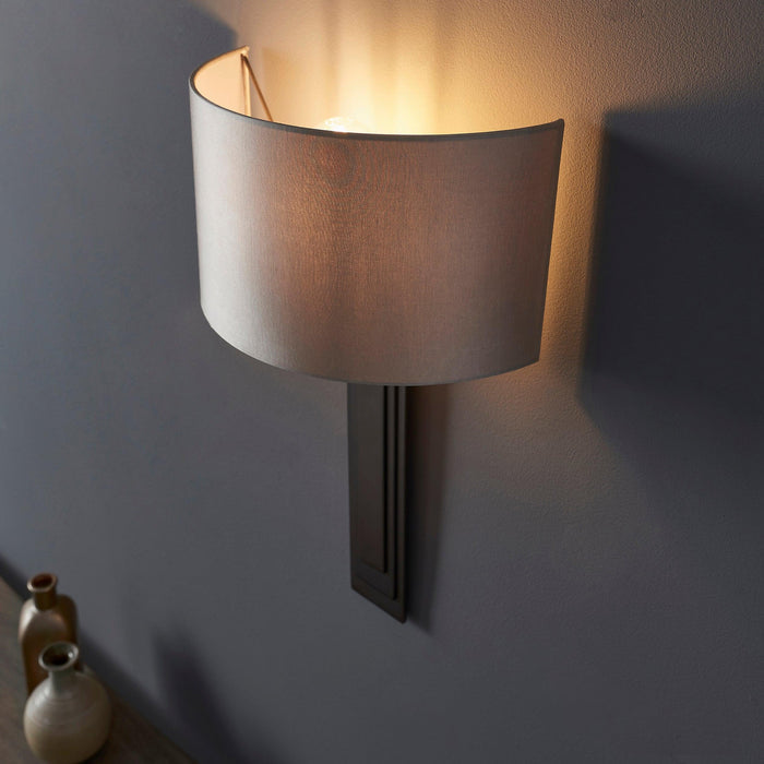 Rome Brush Bronze Art Deco Wall Light with Mink Half Shade Wide Living Room Image