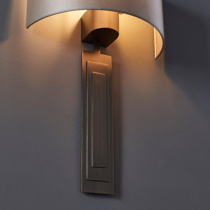 Rome Brush Bronze Art Deco Wall Light with Mink Half Shade Bedroom Image
