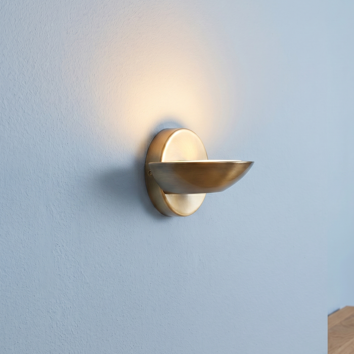 Sardina 7.5w LED Brass & Frosted Glass Uplight Wall Light by Searchlight Lighting — suits living rooms, bedrooms & hallways
