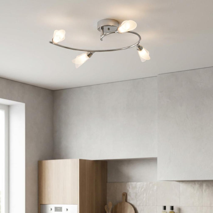 Sare 4-light chrome flush ceiling fixture with opal petal shades in a modern neutral kitchen.