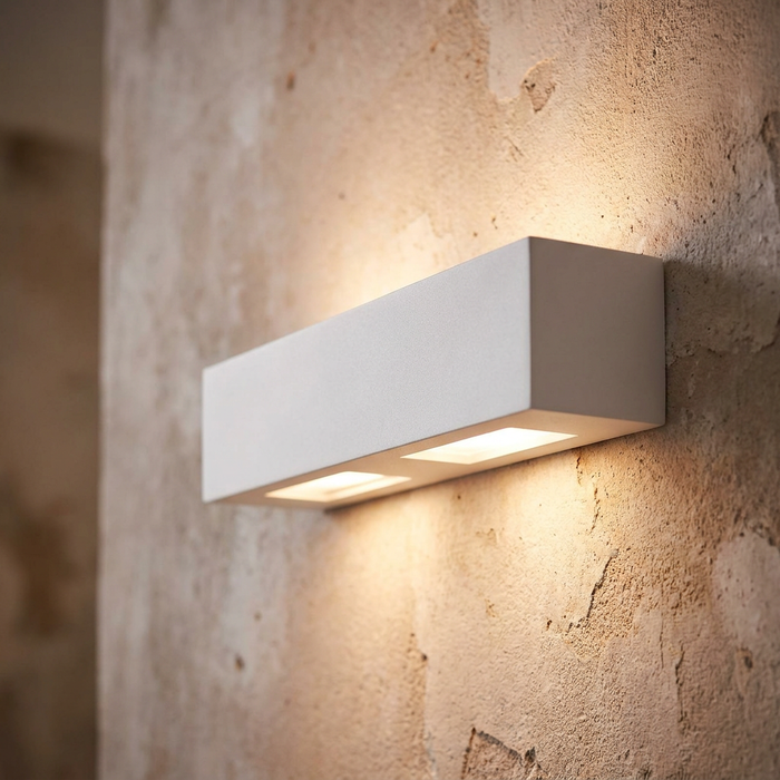 Rectangular white plaster wall light casting warm upward and downward light on a textured stone wall.