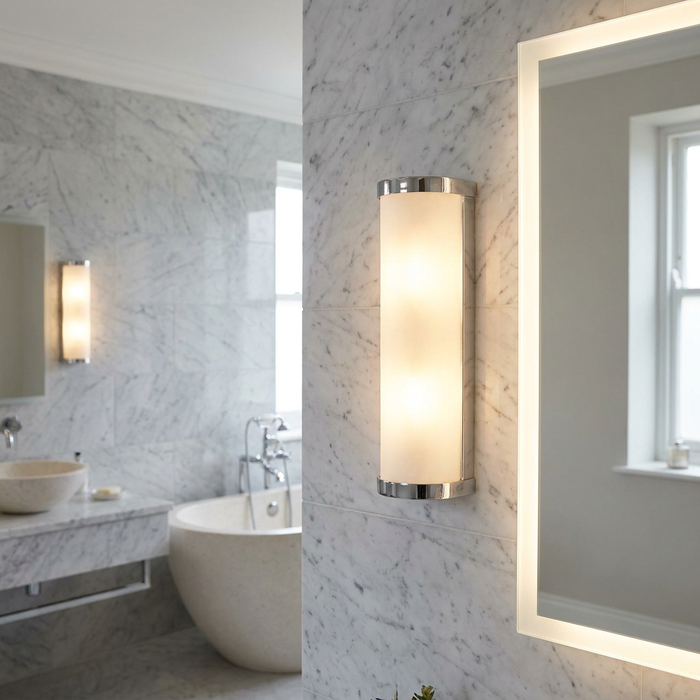 Modern cylindrical chrome and frosted glass bathroom wall light mounted on marble tile.