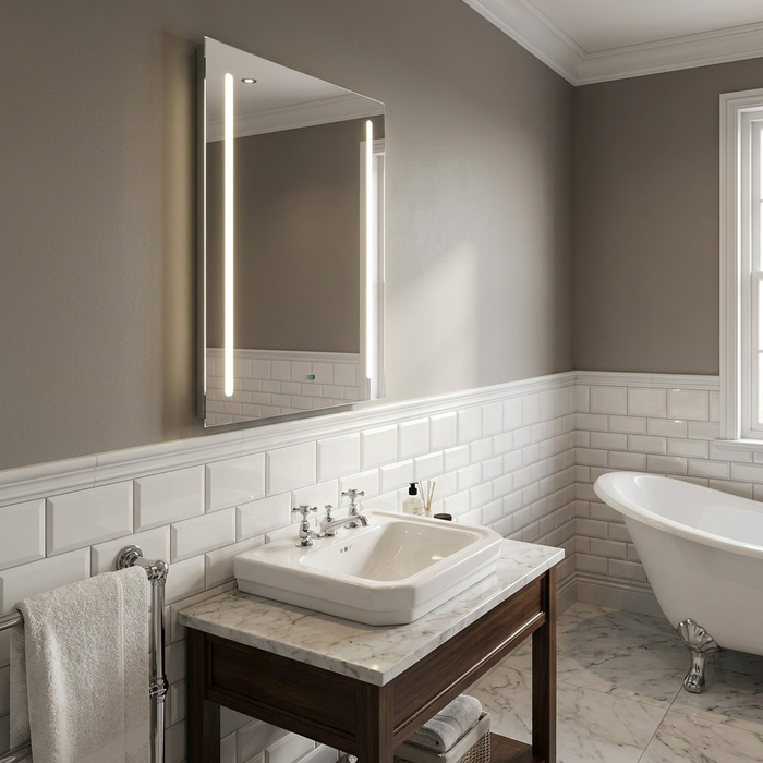 Rectangular bathroom mirror with two integrated vertical LED light strips, mounted above a white sink and vanity.