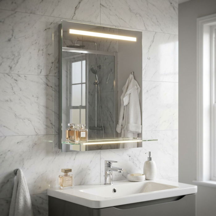 Modern LED bathroom mirror with illuminated shelf and top light bar, mounted on marble wall above a white vanity sink.