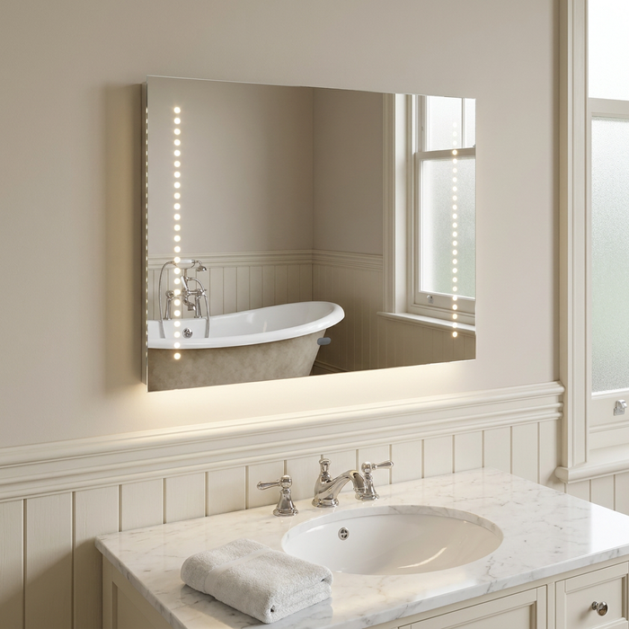Rectangular bathroom mirror with two vertical LED light strips mounted above a marble vanity.