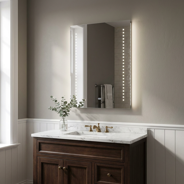 Rectangular bathroom mirror with integrated LED light strips mounted above a dark wood and marble vanity.