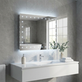 Rectangular LED bathroom mirror with 20 square lights mounted on a grey tiled wall above a white vanity.