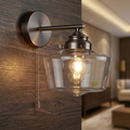 Schoolhouse-style wall light with a clear glass shade and pull cord switch, mounted on a dark wood wall.