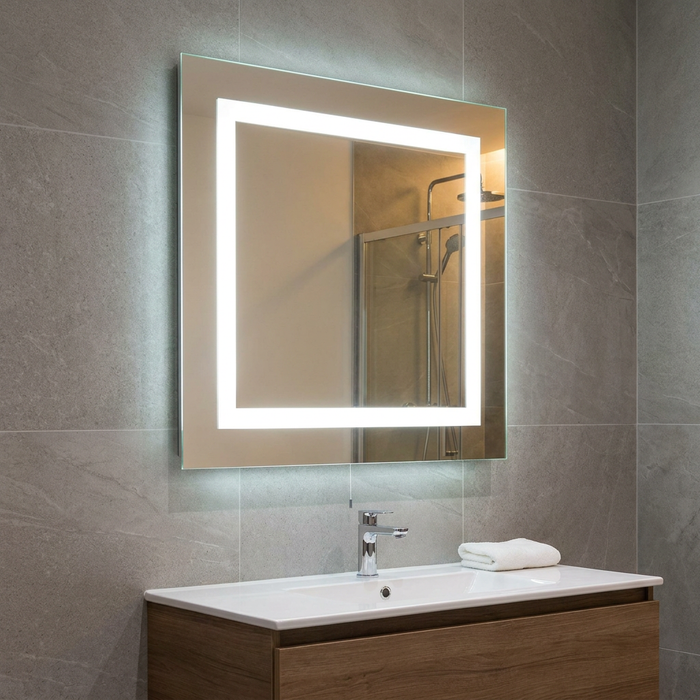 Square LED illuminated bathroom mirror mounted on a grey tiled wall above a wooden vanity.