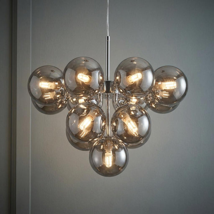 Searchlight Berry 13-light chrome ceiling fixture featuring multiple smoked glass globe shades.