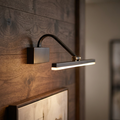 Modern black and brushed gold LED picture light mounted on a dark wood wall above a framed painting.