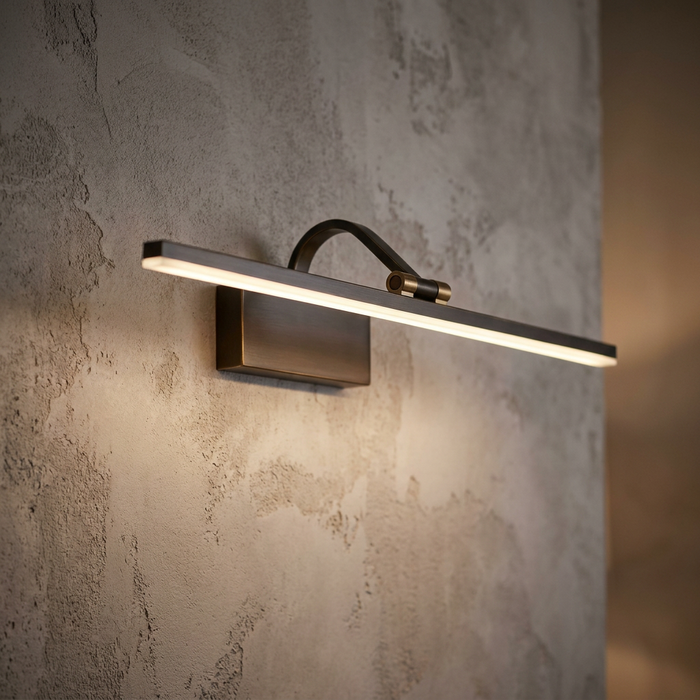 Sleek black and brushed gold LED picture light mounted on a textured grey wall, casting a warm downward glow.