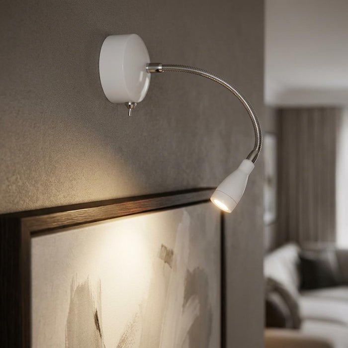 White and chrome flexible LED picture light mounted on a wall, illuminating a framed painting.