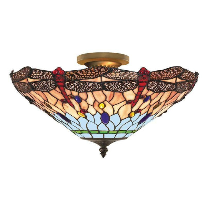 Tiffany Ceiling Flush & Semi Flush Lights - Searchlight Dragonfly Tiffany 3 Light Semi Flush Ceiling Light 1289-16